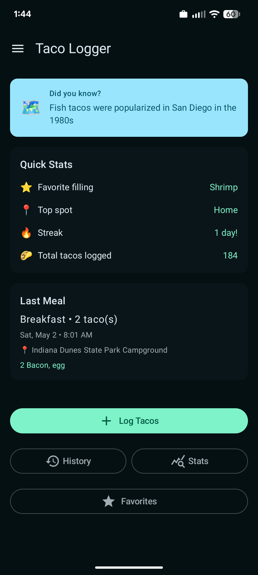 TacoLogger home screen showing Quick Stats, streak, and last meal