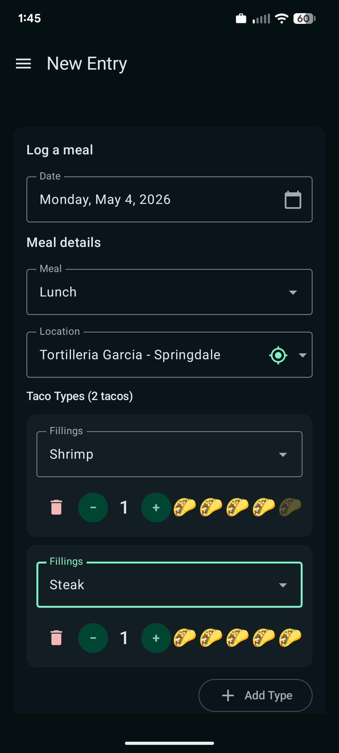 New entry form with two taco types, fillings, and taco emoji ratings
